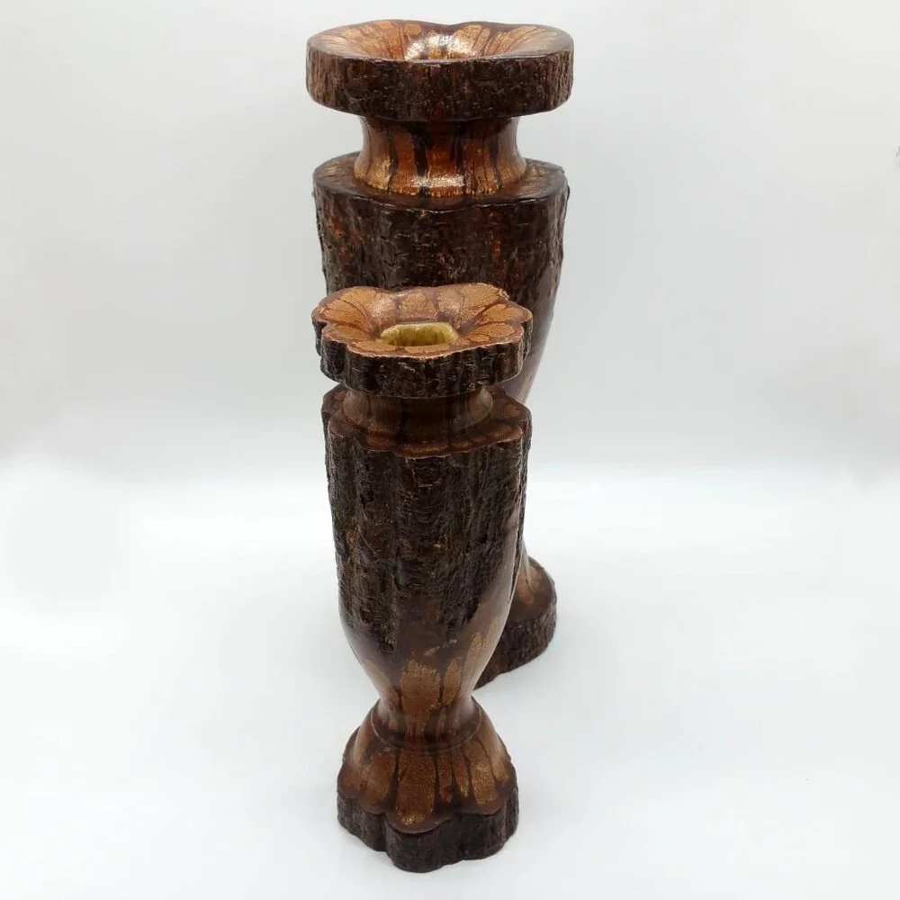 3 Vintage Chrysanthemum Wood Candle Stick Holders, Ikebana Vases, Decor